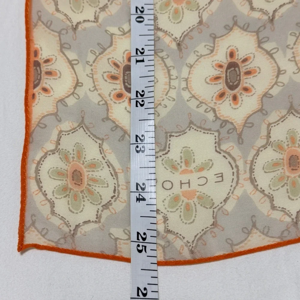 Echo Woman Silk Scarf Orange Tan Medallion Print Square Neck 25x25